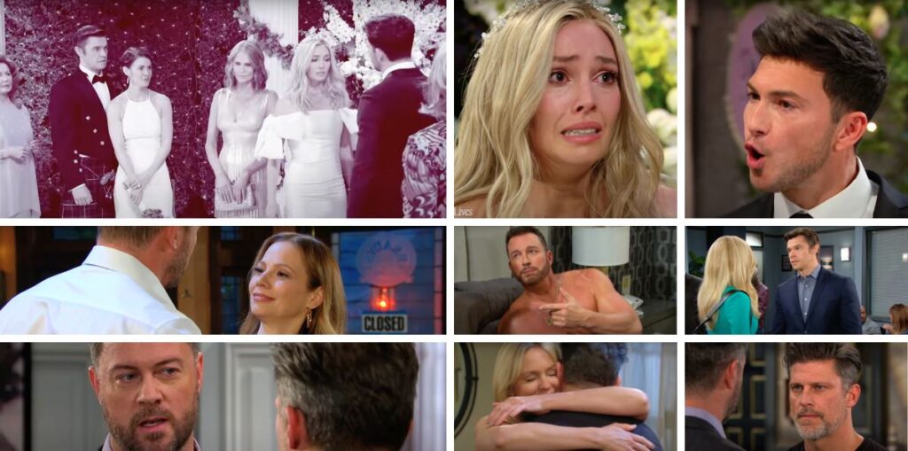 days of our lives spoilers collage of xander, theresa, alex, ej, eric, nicole, brady, ava.