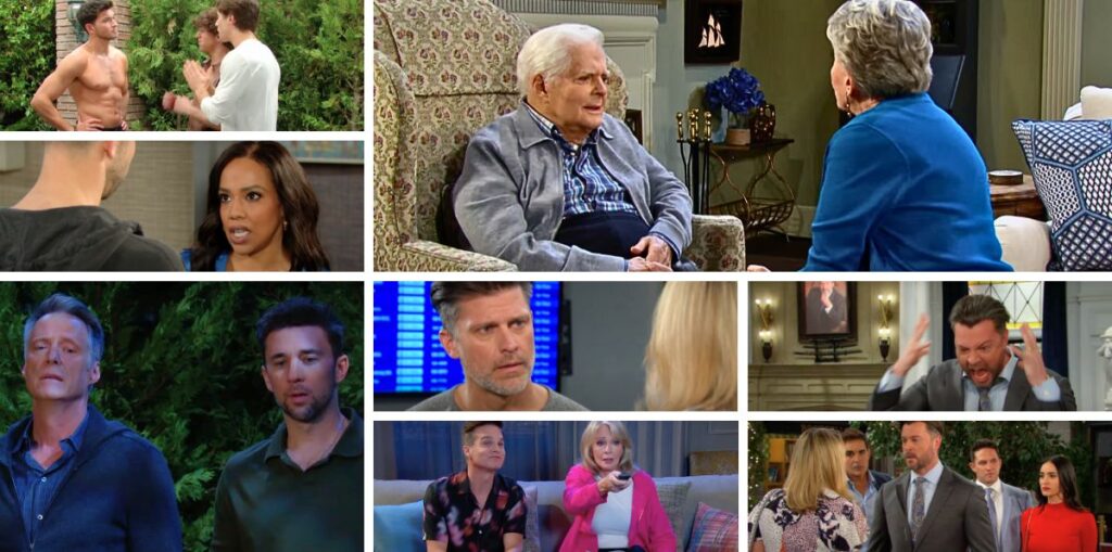 days of our lives spoilers collage of doug and julie, marlena, leo, jada, ej, nicole, eric, tate, alex ,aaron.