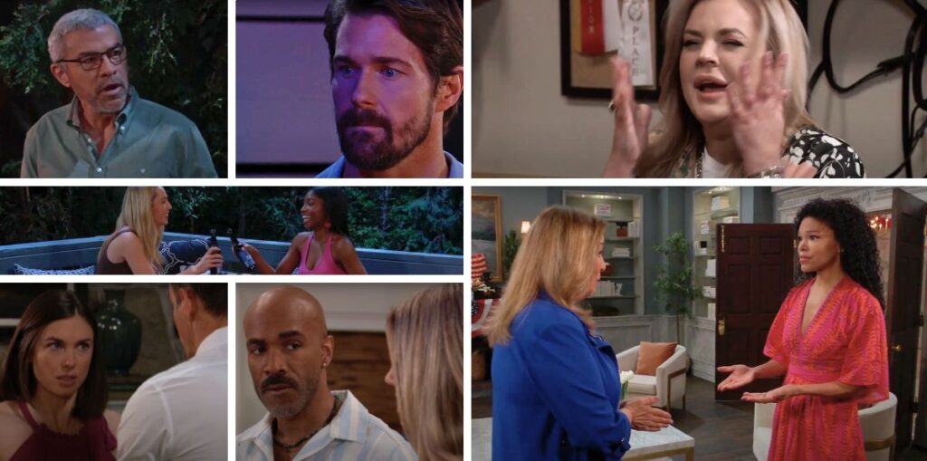 general hospital spoilers collage of mac, cody, maxie, trina, joss, willow, laura, portia, curtis.