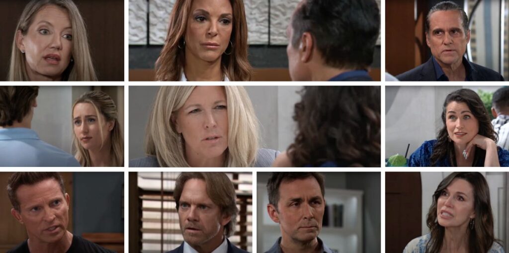 general hospital spoilers collage of nina, natalia, sonny, joss, carly, lois, valentin, anna, john, jason.