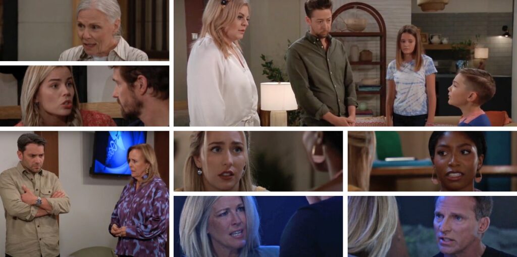 general hospital spoilers collage of tracy, sasha, dante, laura, trina, joss, carly, jason, maxie, spin, james, georgie.