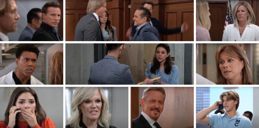 general hospital spoilers collage of john, sonny, molly, kristina, tj, alexis, ava, blq, jack, gio.