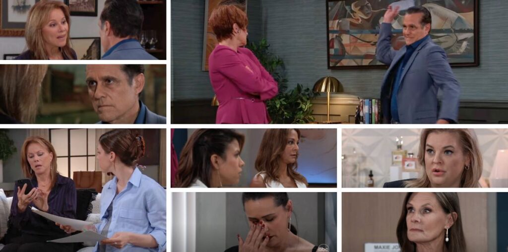 general hospital spoilers collage of sonny, alexis, maxie, lois, lucy, blaze, natalia, diane.