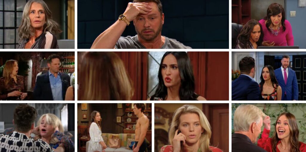 Days of Our Lives Spoiler Collage: Gabi, Brady, Fiona, Stefan, Ava, Paulina, Jada.