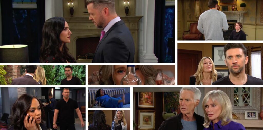 days of our lives spoilers collage of john, marlena, sarah, gabi, stefan, ej, chad, abby, melinda, fiona.