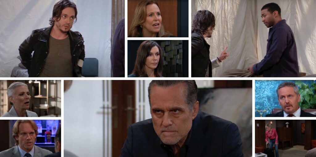 general hospital spoilers collage of lucky, laura, anna, john, jack, sonny, ava, tracy.