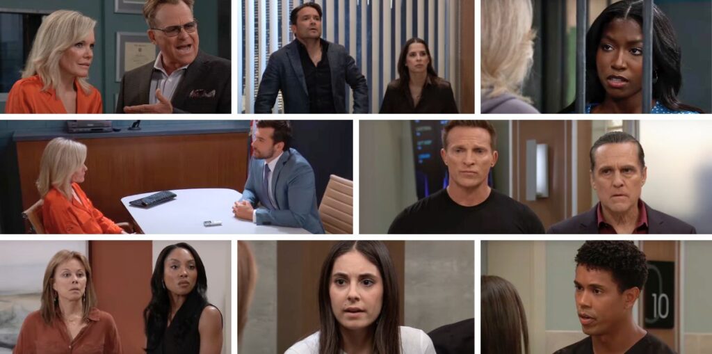 general hospital spoilers collage of molly, tj, alexis, sonny, jordan, sam, jason, dante, ava, scott, trina.