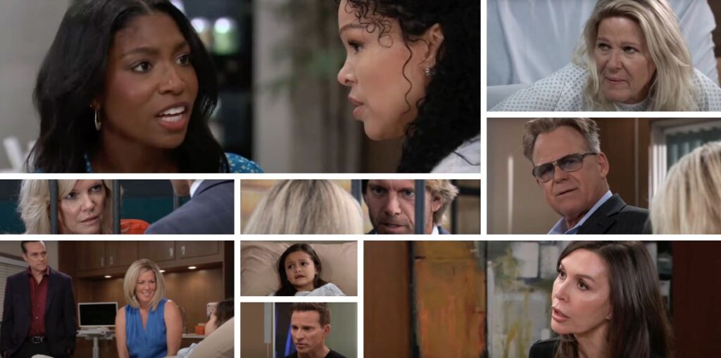 general hospital spoilers collage of sonny, carly, jason, anna, ava, john, trina, portia, heather, scott, donna.