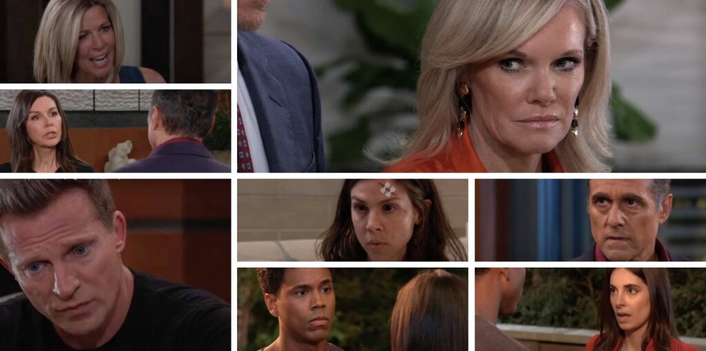 general hospital spoilers collage of ava, sonny, carly, jason, molly, kristina, tj, anna.