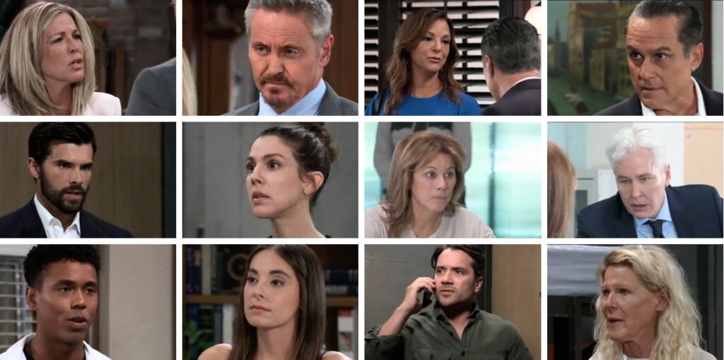 general hospital spoilers collage of sonny, carly, brennan, natalia, tj, molly, alexis, martin, heather, dante, chase, kristina.