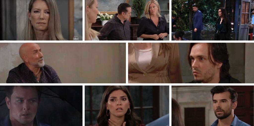 general hospital spoilers collage of sonny, carly, nina, michael, anna, chase, brook lynn, lucky.