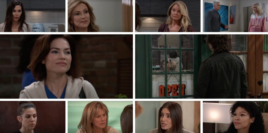 general hospital spoilers collage of liz, lucky, ric, ava, portia, anna, felicia, alexis, molly, kristina.