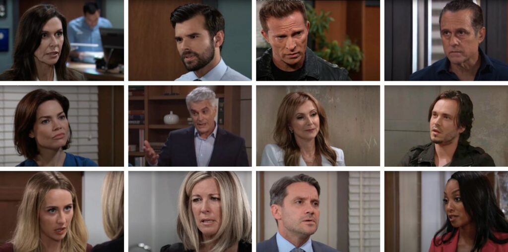 general hospital spoilers collage of holly, lucky, sonny, carly, jason, joss, anna, jordan, dante, chase.