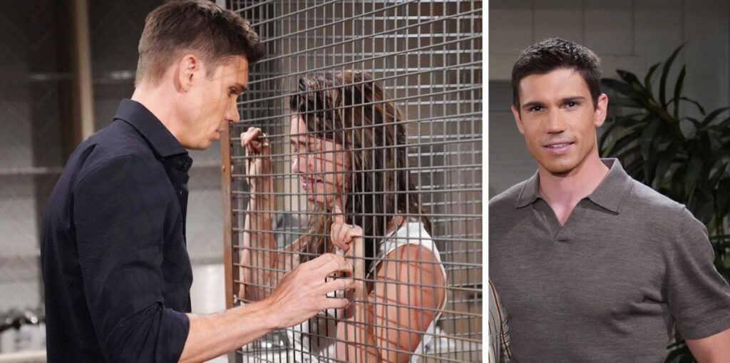 tanner novlan as finn, jaqueline macinnes wood as steffy in the cage on bold and beautiful.