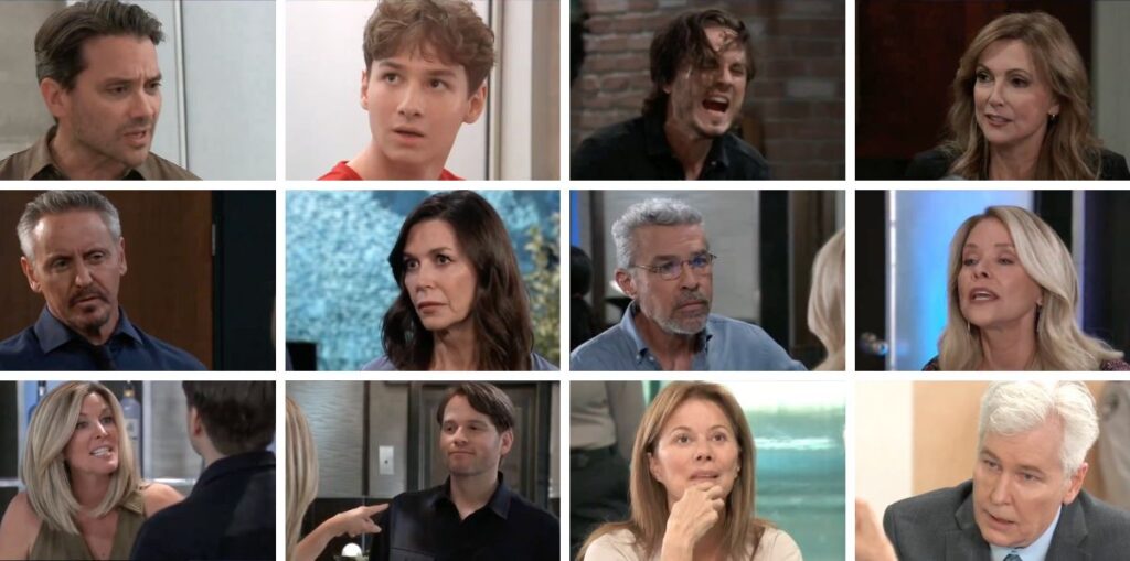 general hospital spoilers collage of lucky, alexis, martin, carly, lucas, mac, felicia, holly, dante, rocco.